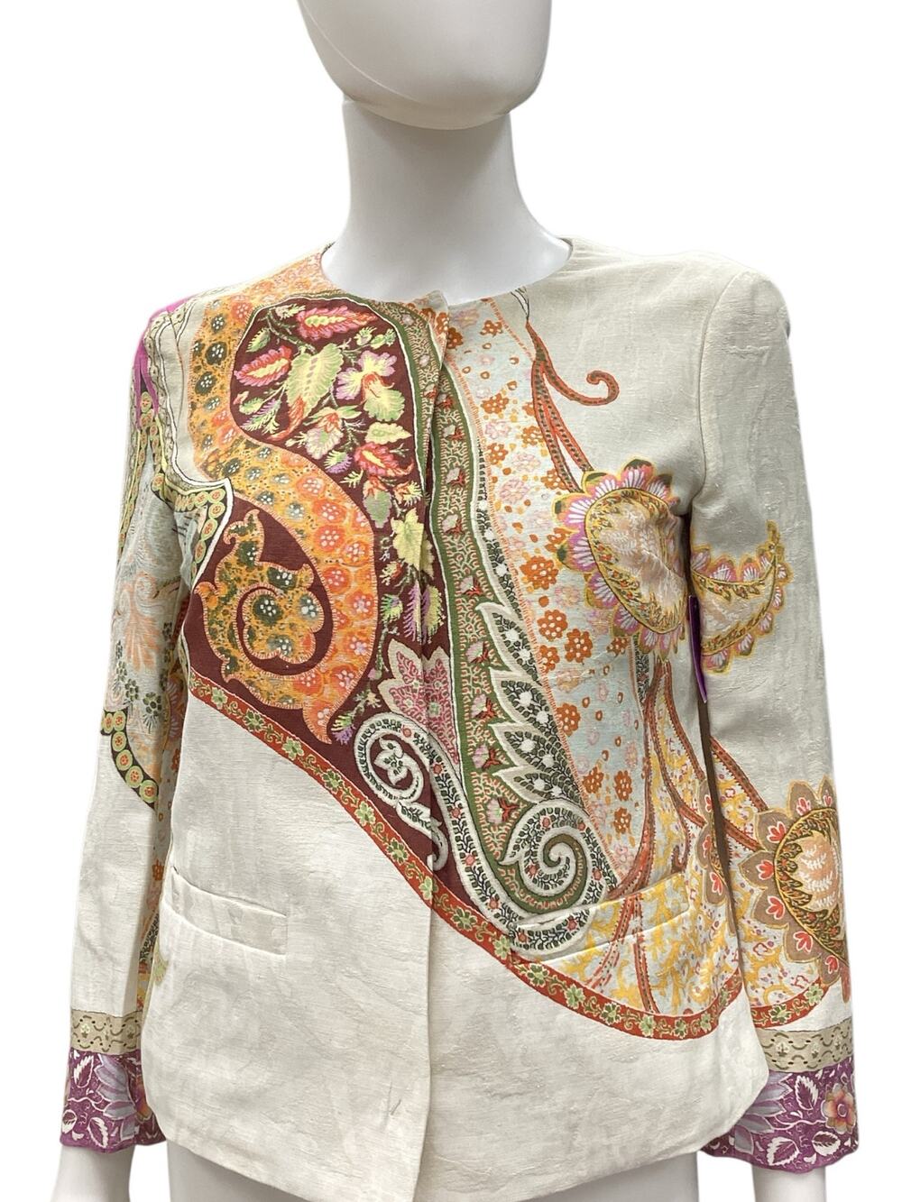 Etro Milano Jacket Women’s Size S Silk/ Linen Blend Paisley Motif Tan & Colors